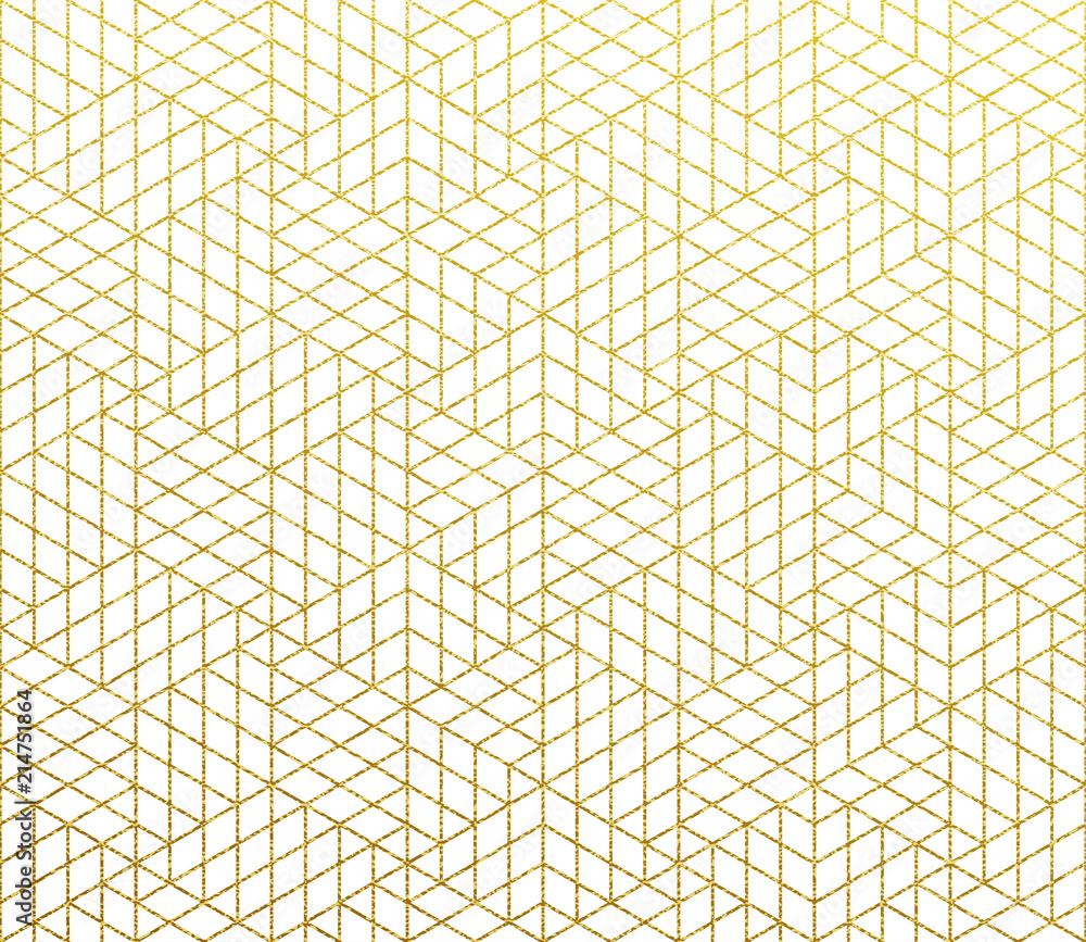 Aufkleber Golden glittery geometric pattern. Vector abstract gold foil texture background of seamless mosaic 3D cube lines pattern