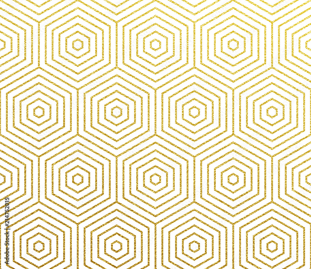 Leinwandbilder Golden geometric linear pattern background. Vector abstract seamless gold glitter hexagon mosaic of honeycomb pattern