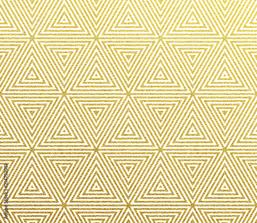 Poster Seamless geometric golden pattern background with abstract gold triangle lines and glittery foil texture
