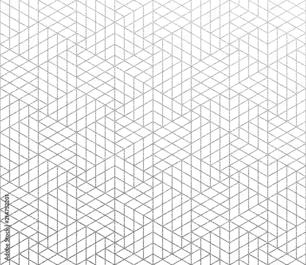 Poster Geometric background with abstract linear 3D cubes in mesh grid pattern. Vector silver foil texture with linear glittery pattern on white