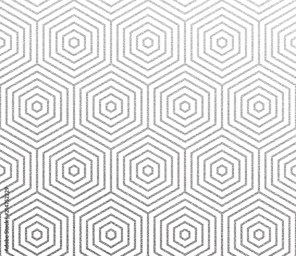 Aufkleber Geometric abstract linear honeycomb hexagon pattern. Vector silver foil texture background with glittery lines pattern on white