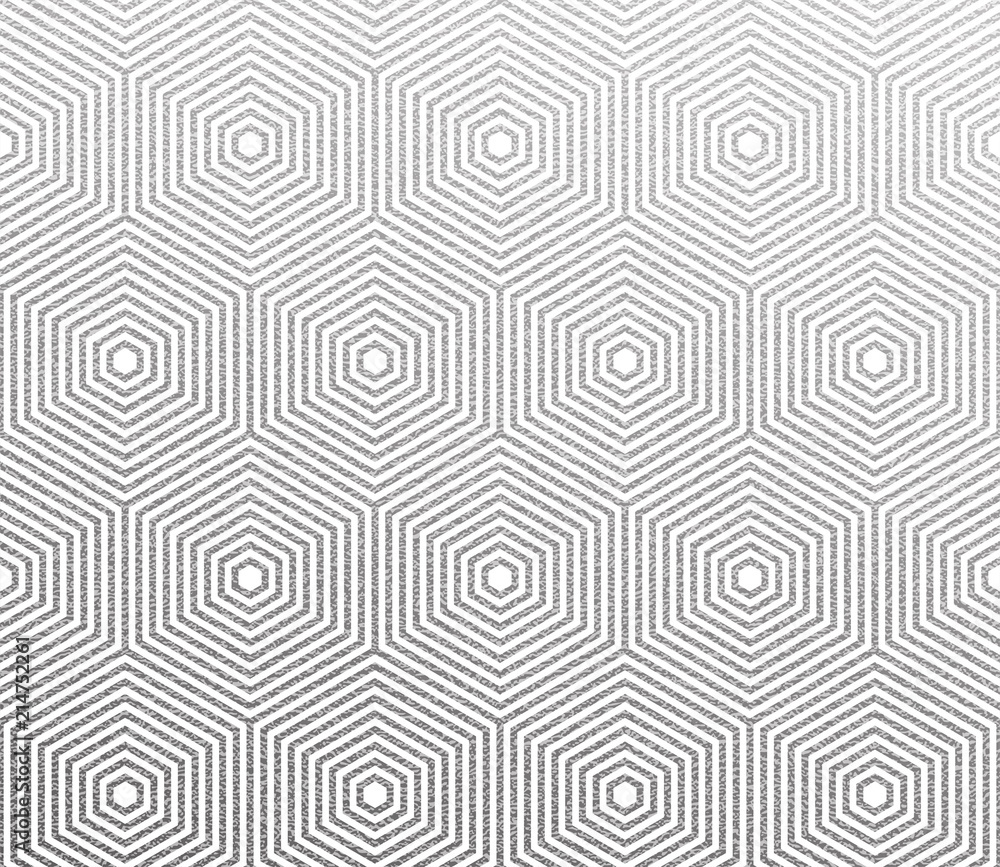Poster Geometric silver honeycomb hexagon pattern. Vector foil texture background with abstract glittery lines pattern on white
