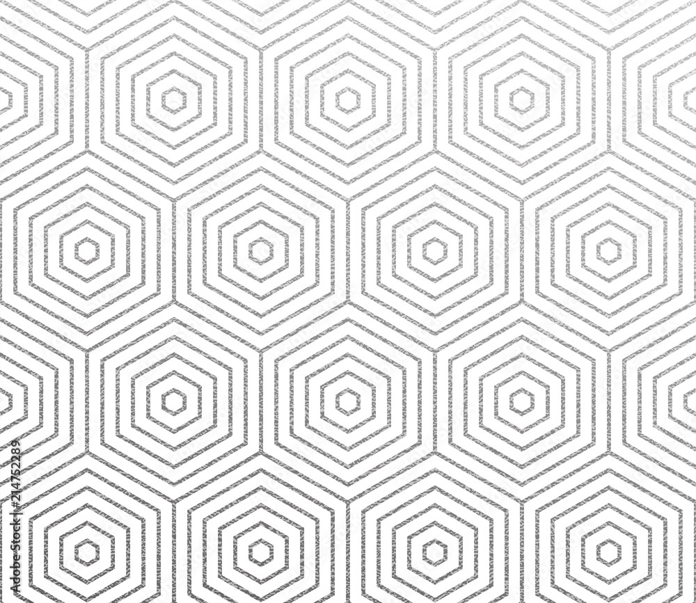 Poster Geometric silver honeycomb or hexagon lines pattern. Vector foil texture background with abstract glittery linear pattern on white