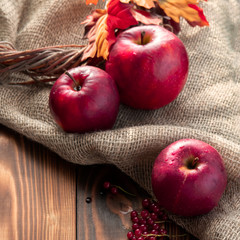 autumn background, apples and autumn decor, rustic style