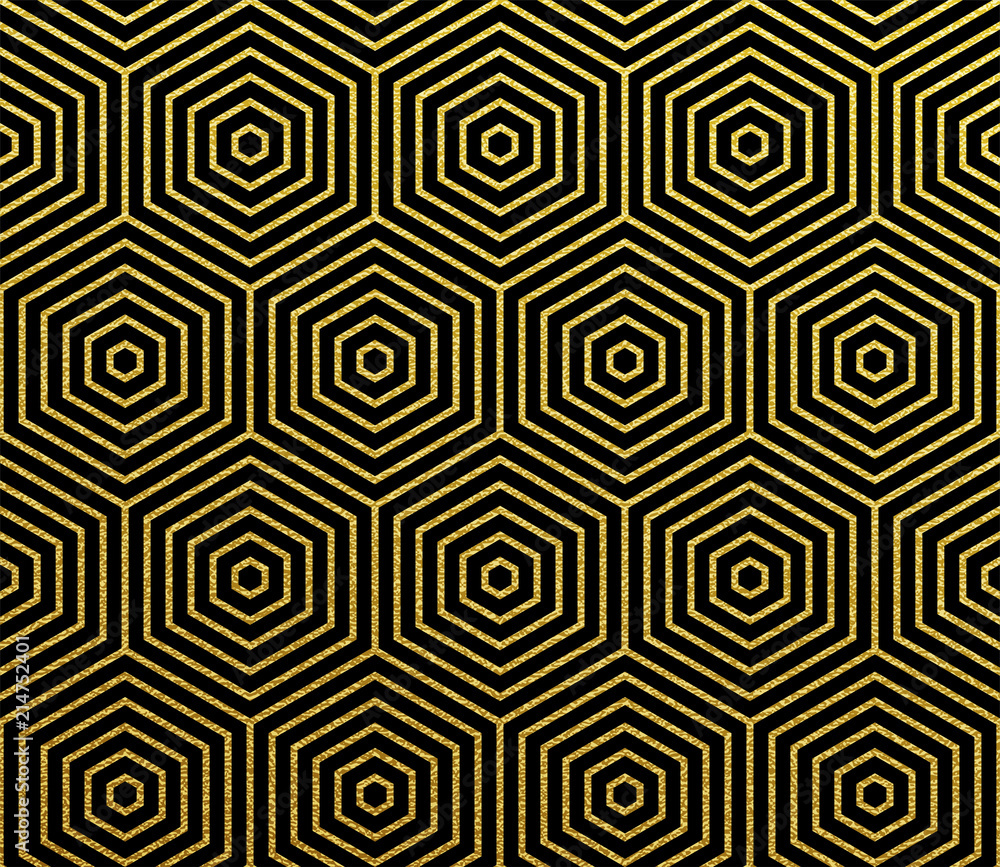 Poster Abstract geometric glittery pattern vector background of golden seamless hexagon mosaic grid lines with gold honeycomb pattern