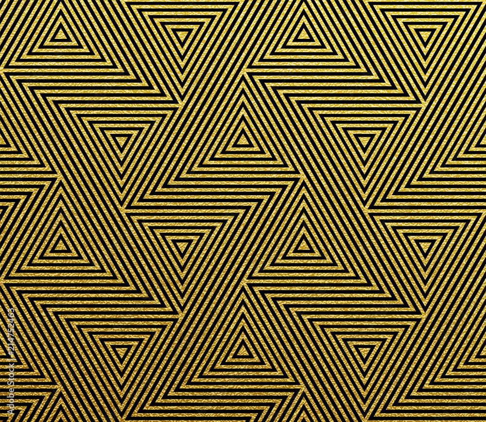 Poster Abstract geometric pattern of golden glittery seamless triangle mosaic grid lines. Vector gold tangle pattern