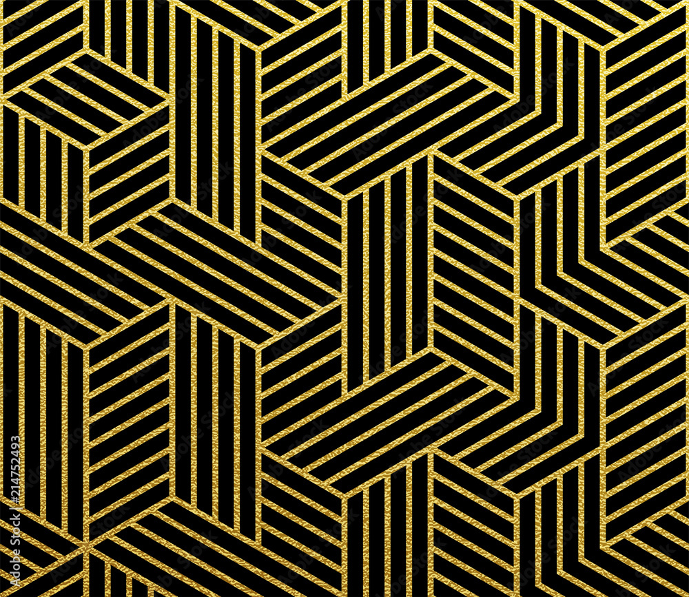 Poster Abstract geometric golden lines mesh pattern. Vector gold background of seamless glittery mosaic grid pattern