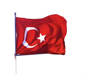 Official flag of the Republic of Turkey waving isolated on a white background.