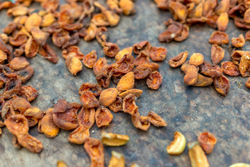 Homemade dried apricots. A leaf with halves of apricots