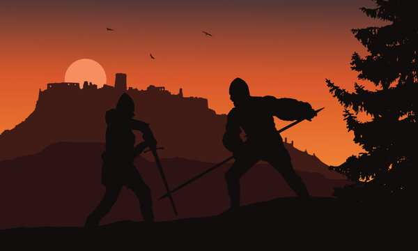 Silhouettes of two warriors fighting in a forest under the ruins of a medieval castle - Slovakia, Spis castle