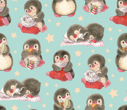 Seamless pattern with cute penguins.