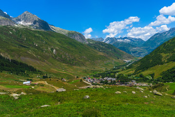 Fototapeta na wymiar Dolomites Apls, Switzerland panorama. Dolomites Alps landscape, green valley 
