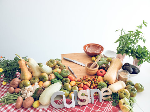 Set of vegetables with cuisine inscription