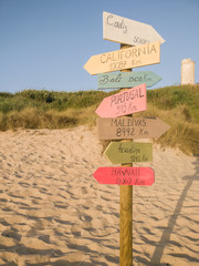Signs of countries and cities on the beach