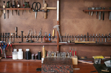 Set of tools for work with leather in workshop