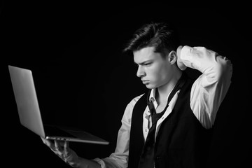 Black White photo of a beautiful man. Business suit. macho.Style.