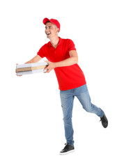 Young man running with pizza boxes on white background. Food delivery service