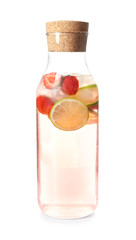 Tasty lemonade with strawberry in glass bottle on white background