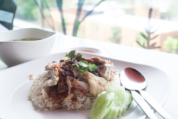 Hainanese chicken with rice, sauce and soup. Basic and yummy asian food