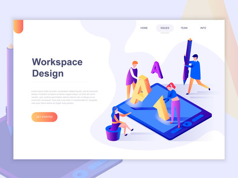 Landing page template of open workspace and coworking. 3D isometric concept of web page design for website and mobile website. Vector illustration.