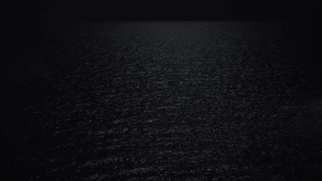 Sea at dark night. Black sky and rippling water surface in moonlight