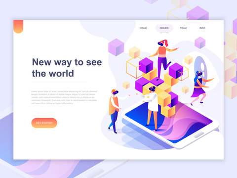Landing page template of virtual augmented reality glasses concept with people learning and entertaining. 3D isometric concept of web page design for website and mobile website. Vector illustration.