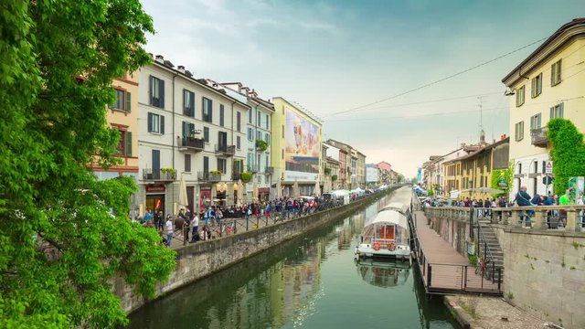 day light milan city famous canal panorama 4k timelapse italy
