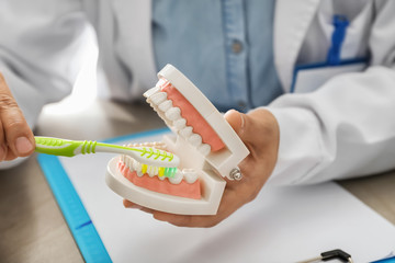 Fototapeta na wymiar Dentist with jaw model and toothbrush sitting at table in office, closeup