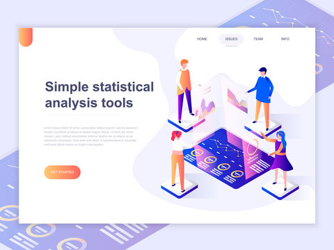 Landing page template of charts and analyzing statistics data visualization concept. 3D isometric concept of web page design for website and mobile website. Vector illustration.