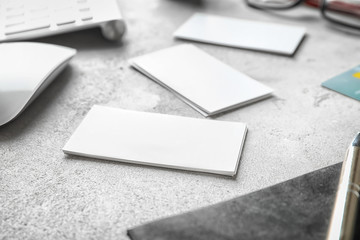 Blank business cards on light background