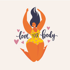 Happy jumping plus size girl. Happy body positive concept. Different is beautiful. Attractive overweight woman. For Fat acceptance movement no fatphobia. Vector illustration on retro background.