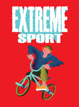 Extreme sport. The guy riding on bmx.  Banner in flat style on red background and grunge text. Vector illustration.