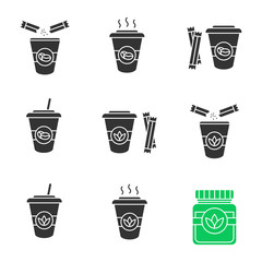 Coffee and tea drinks with sugar glyph icons set