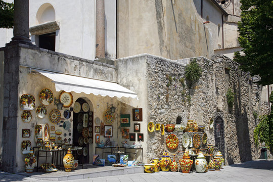 RAVELLO, ITALY - JUNE 03, 2012: a ceramics shop in Ravello,  Amalfi Coast, Salerno - Italy,