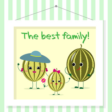 Family of watermelons smileys, mom, dad and kid in cartoon style. Pictured in a painting that hangs on a striped wall.