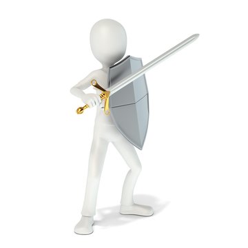 3d man knight with shield and sword on white background 3d illustration