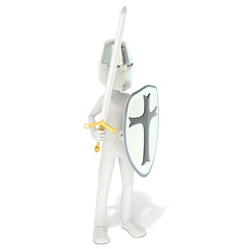 3d man knight with shield, helmet and sword on white background 3d illustration