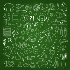 School clipart cute drawings set. Hand drawn school and science illustrations on green background