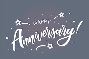 Happy Anniversary lettering card, banner. Beautiful greeting scratched calligraphy white text word stars. Hand drawn invitation print design. Handwritten modern brush blue background isolated vector.