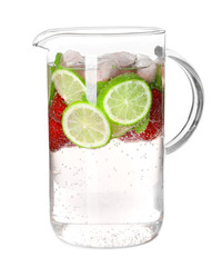Glass jug with tasty strawberry lemonade on white background