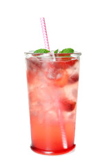 Glass of tasty strawberry lemonade on white background