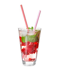 Glass of tasty strawberry lemonade on white background
