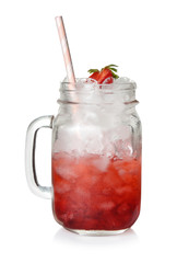 Mason jar with tasty strawberry lemonade on white background