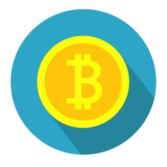 Flat icon bitcoin in blue circle with long shadow. Vector illustration. Crypto icon.