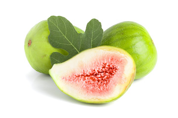 Ripe green fig fruit and half with leaf isolated on white background