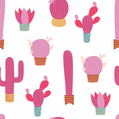 Hand drawn seamless vector pattern with cute different cacti in flower pots, on a white background. Flat style design. Concept for floral textile print, wallpaper, wrapping paper.