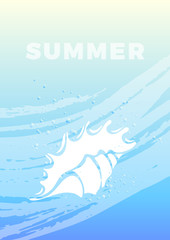 Marine design wiht seashell, wave, blue sky.