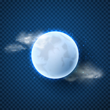 Realistic full moon isolated on transparent. Vector illustration of 3d moon with clouds and stars.