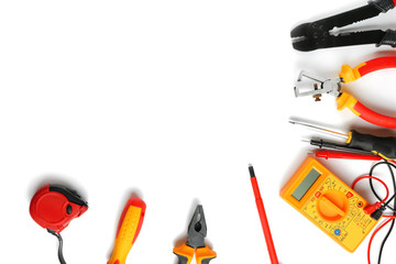 Different electrician's tools on white background