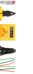 Different electrician's tools with cables on white background